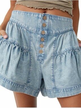 We The Free Light Blue High-Waist Button-Front Denim Shorts